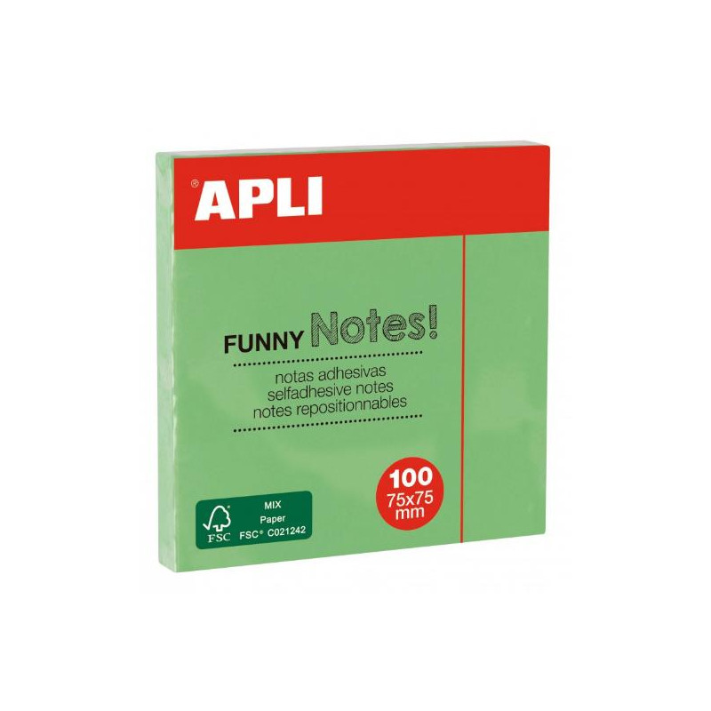 APLI 100 NOTAS FUNNY ADHESIVAS 75 X 75 VERDE